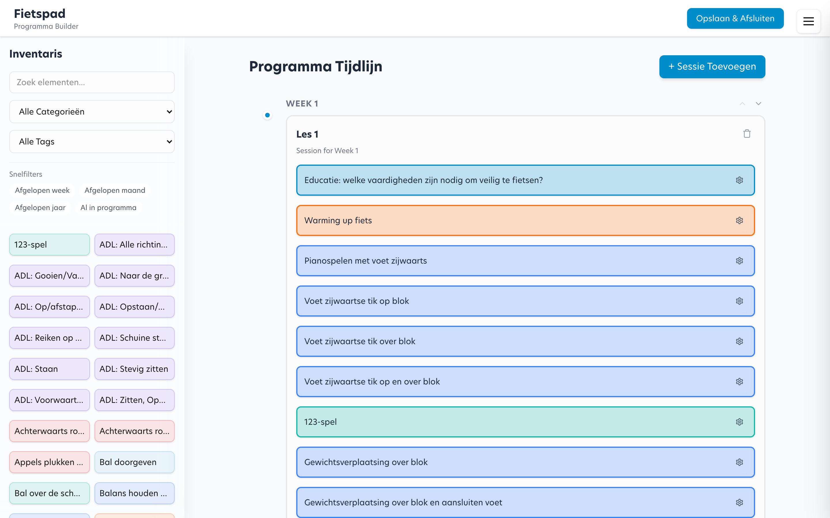 De programmabuilder — sessies samenstellen met drag & drop